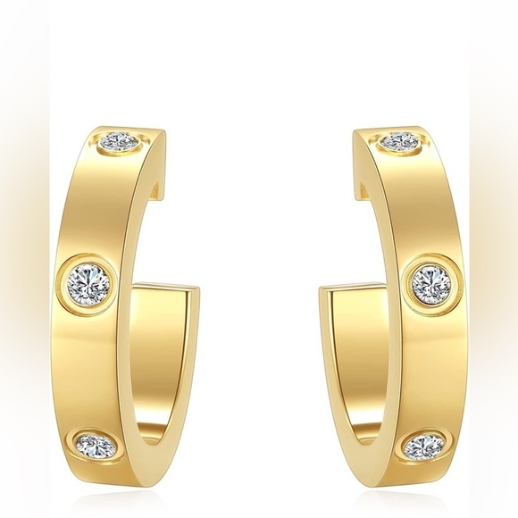 18k gold plated small hoops with CZ stones earrings dainty quiet lu… - Picture 2 of 2